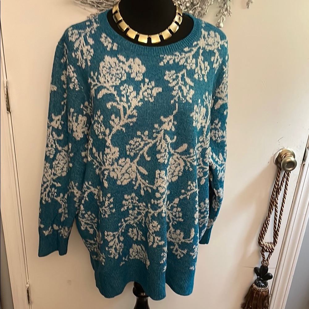 Floral Teal and White Women's Sweater